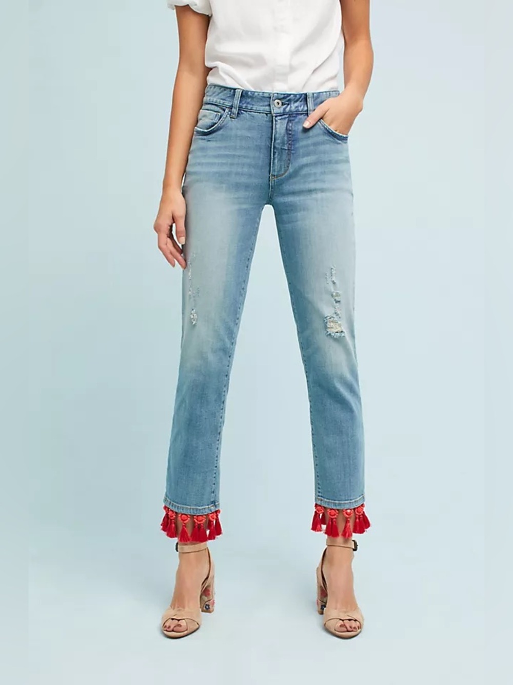 Pilcro and the Letterpress Light Blue Cropped Jeans with Red Tassel Hem